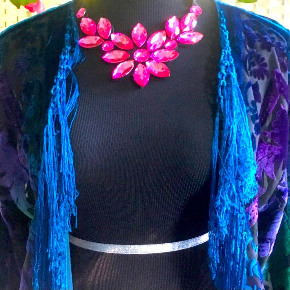 Pink Rhinestone Floral Statement Necklace Flower Crystal Bib - Picture 7 of 8